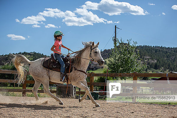 Mädchen reitet auf einem Pferd in der Reithalle