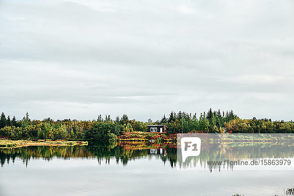 Ruhige Landschaft eines einsamen Hauses inmitten eines Waldes am Ufer des Sees