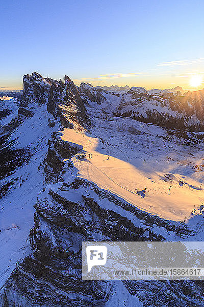 Aerial view of the Odle at sunset Gardena Valley Dolomites Trentino-Alto Adige Italy Europe