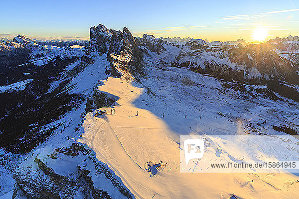 Aerial view of the Odle at sunset Gardena Valley Dolomites Trentino-Alto Adige Italy Europe