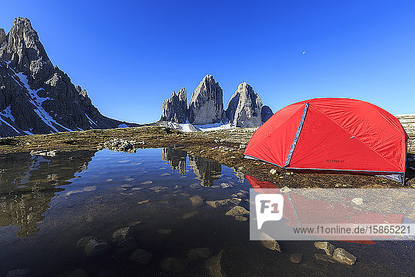 Hikers tent in front of the Three Peaks of Lavaredo Sesto Dolomites Trentino-Alto Adige Italy Europe