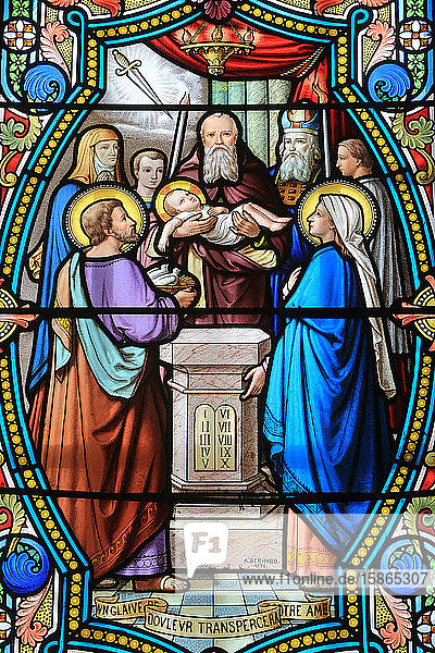 Stained glass window of Presentation of Jesus Christ at the Temple  Shrine of Our Lady of La Salette  La Salette-Fallavaux  Isere  France  Europe