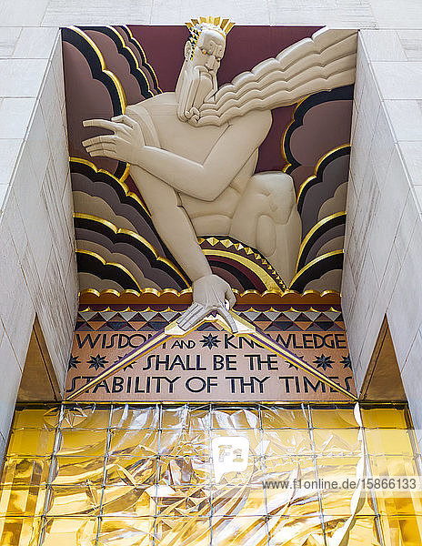 Sign from Isaiah 33:6 over an entrance along the Rockefeller Plaza (Wisdom and knowledge shall be the stability of thy times) Midtown Manhattan; New York City New York United States of America