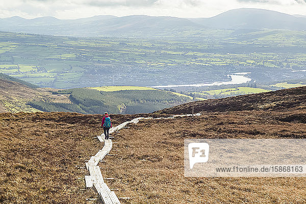Holzbohlenweg  der über ein Moor auf einem Berg mit einem Fluss und Feldern in der Ferne führt; Killaloe  Clounty Clare  Irland