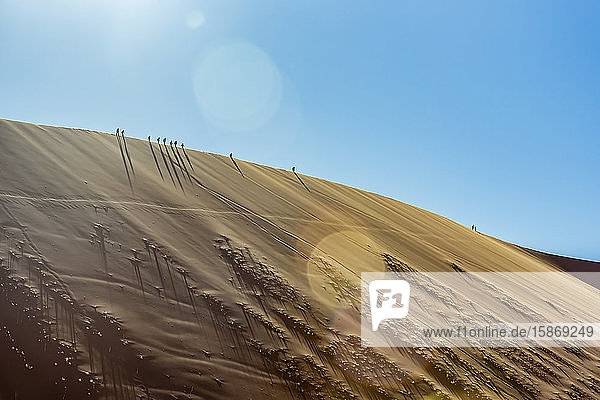 Touristen wandern entlang eines Sanddünenkamms im Deadvlei  einer weißen Lehmpfanne  die von den höchsten Sanddünen der Welt umgeben ist  Namib-Wüste; Namibia