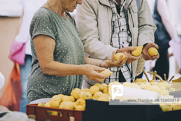 Ein älteres Ehepaar kauft auf einem Straßenmarkt in der Stadt Zitronen