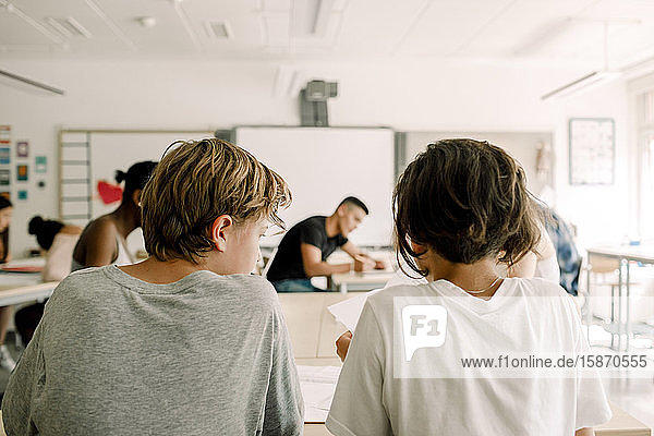 Rückansicht der männlichen Studenten  die im Klassenzimmer studieren
