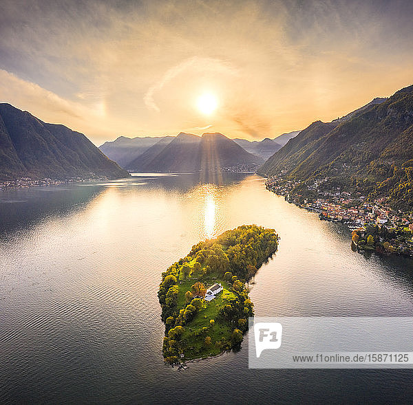 Aerial view of Comacina Island at sunset Lake Como Lombardy Italian Lakes Italy Europe
