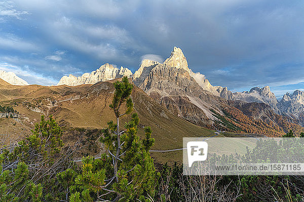 Sunset over Rolle Pass and Cimon della Pala in autumn Pale di San Martino (Pala group) Dolomites Trentino Trento Italy Europe