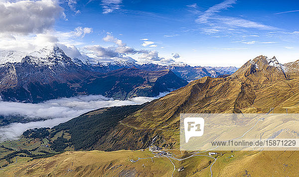 Luftbildpanorama von Eiger und Wolkenmeer um First und Grindelwald im Herbst  Berner Alpen  Kanton Bern  Schweiz  Europa