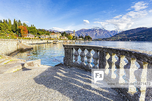 Lakeshore terrace with view of the village of Tremezzo Lake Como Lombardy Italian Lakes Italy Europe