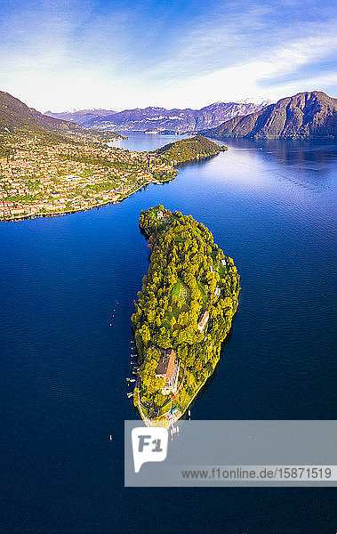 Aerial view of Comacina Island in autumn Lake Como Lombardy Italian Lakes Italy Europe
