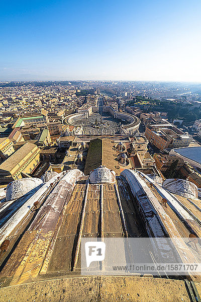 St. Peter's Square and skyline from top of dome of St. Peter's Basilica (Basilica di San Pietro) Vatican City UNESCO World Heritage Site Rome Lazio Italy Europe