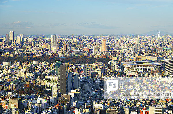 View of Tokyo Olympic Stadium and downtown, Tokyo, Honshu, Japan, Asia