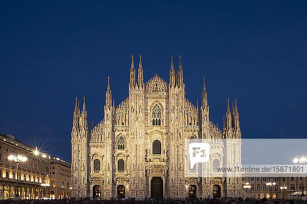 Gothic spires on the facade of the Milan Cathedral in the Piazza del Duomo at dusk Milan Lombardy Italy Europe