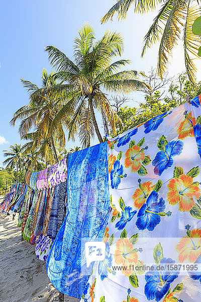 Schöne hängende Wraps im Gegenlicht  weißer Sandstrand  Palmen  Saltwhistle Bay  Mayreau  Grenadinen  St. Vincent und die Grenadinen  Inseln über dem Winde  Westindien  Karibik  Mittelamerika