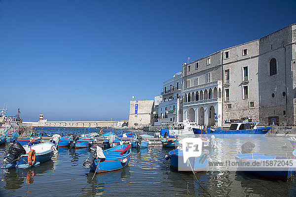 Colourful wooden boats in the harbour in Monopoli Puglia Italy Europe