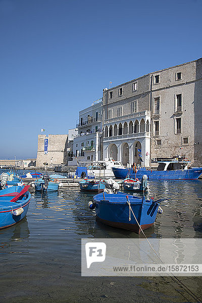 Colourful wooden boats in the harbour in Monopoli Puglia Italy Europe