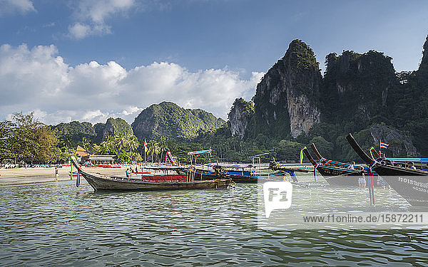 Long tail boats on Railay beach in Railay  Ao Nang  Krabi Province  Thailand  Southeast Asia  Asia