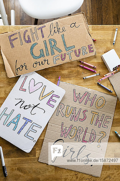Women's march protest signs on table
