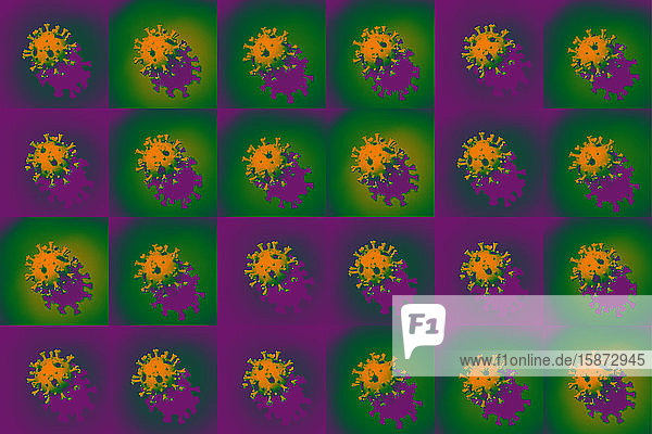 Multi-graphic of Coronavirus models on colorful backgrounds