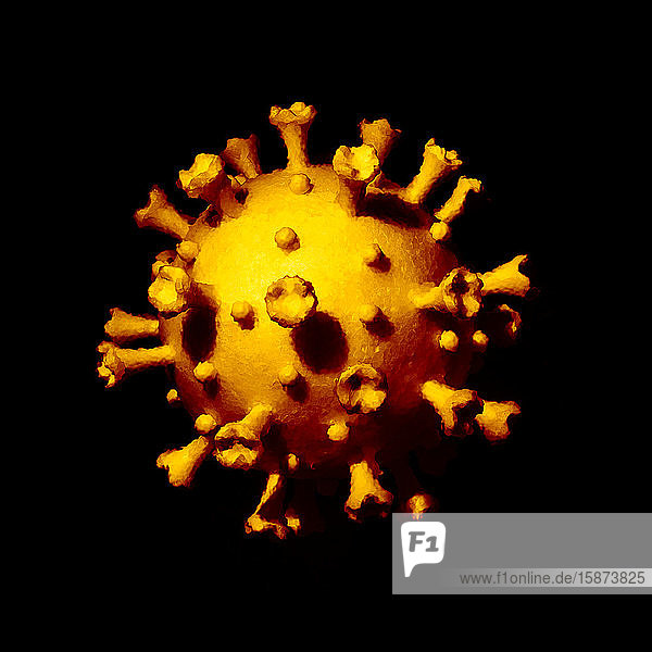 Modell des gelben Coronavirus vor schwarzem Hintergrund
