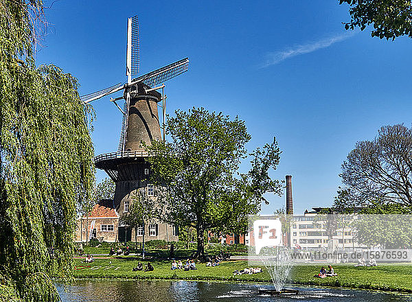 city of Leiden  provincof South Holland  Netherlands  Europe  the De Valk Mill museum on the Plattegrond  The citof Leiden is known for its secular architecture  his canals  his universitof 1590  the nativitof Rembrand  the city where flowered the first bulof tulip in Europe in the 16th century
