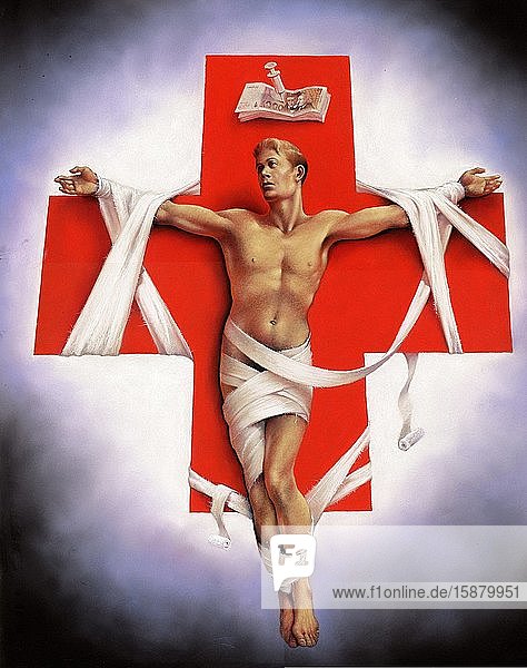 Illustration patient 'crucified' on a red cross therapeutic relentlessness