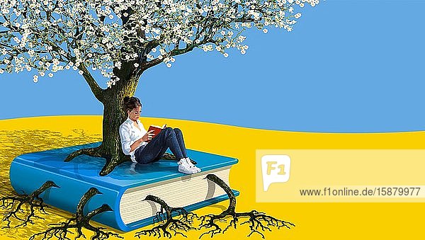 Illustration young woman reading in spring leaning against a flowering tree
