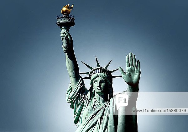 Illustration American protectionism statue of liberty making the 'stop' gesture