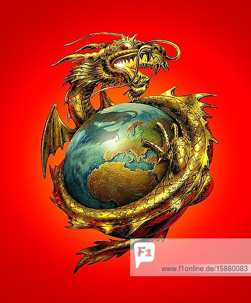 Illustration chinese world power dragon holding the earth