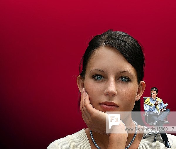 Illustration psychoanalysis portrait of pensive young woman psychoanalyst on her shoulder