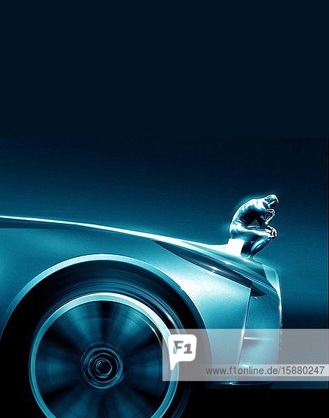Illustration emblems The Thinker by Rodin on the hood of a car