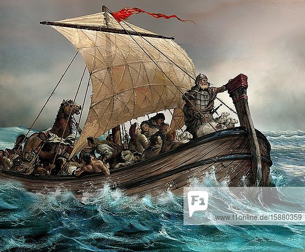 Illustration Vandals men on sailboat at sea