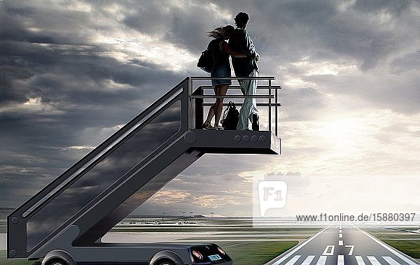 Illustration couple on boarding stairs flight cancelled
