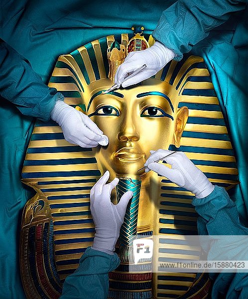 Illustration close-up on hands of 3 people restaurant funeral mask of Tutankhamen