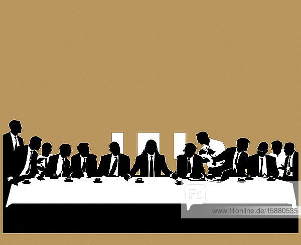 Illustration modern representation of the Last Supper with businessmen around Jesus
