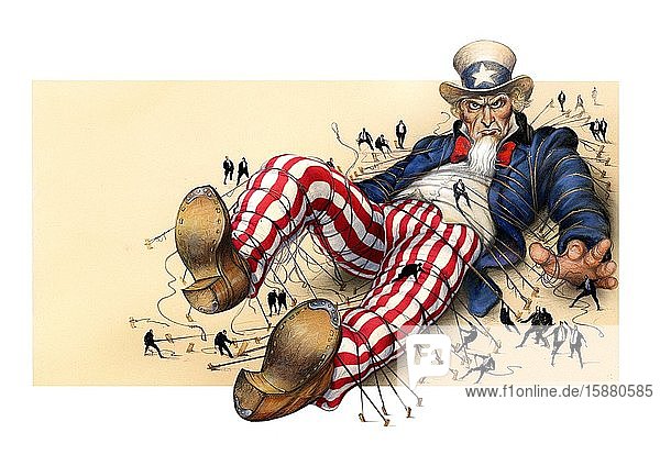 Illustration giant Uncle Sam on the ground men holding him