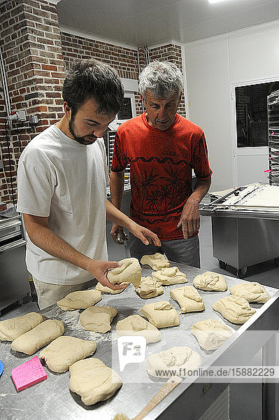 Manufacture of organic bread in the bakery opened on March 18  2020 in the town of Cramont in the Somme department. Xavier Vicart and his son Raphael produce organic wheat grown and harvested on the farm using a range of special bread. The Terre de Pain boutique is open during the containment linked to the Covid 19 pandemic