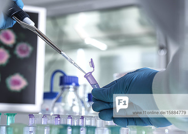 Pharmazeutische Forschung  Wissenschaftlerin  die ein Probenfläschchen für analytische Tests im Labor vorbereitet  das in der DNA-  medizinischen und pharmakologischen Forschung verwendet wird.