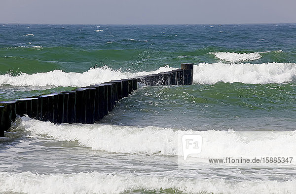 Deutschland  Mecklenburg-Vorpommern  Zingst  Wellen prasseln gegen Küstenbuhnen