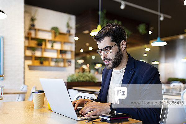 Porträt eines Geschäftsmannes  der in einem Café am Laptop arbeitet