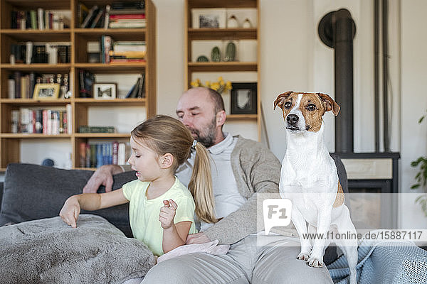 Vater  kleine Tochter und ihr Hund verbringen gemeinsam Zeit auf der Couch