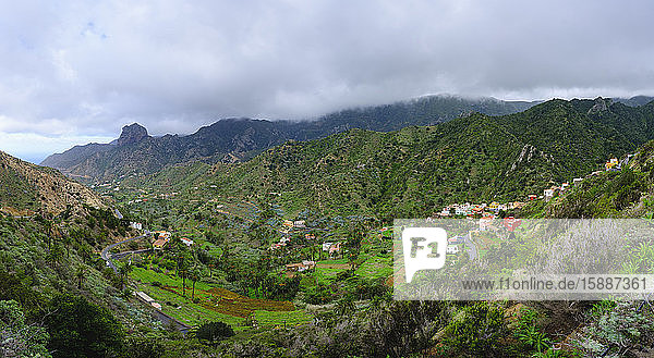 Spain  Province of Santa Cruz de Tenerife  Vallehermoso  Panorama of town located in green valley of La Gomera island