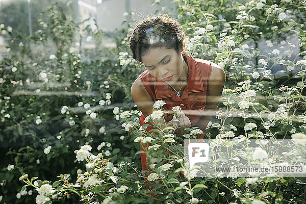 Porträt einer jungen Frau  die hinter einer Glasscheibe in einem städtischen Garten steht