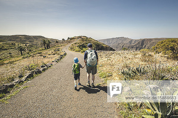 Back view of father and little son with backpacks walking hand in hand on country road  La Gomera  Canary Islands  Spain
