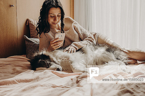 Porträt einer Frau  die sich mit ihrem Hund im Bett entspannt und auf ein Smartphone schaut