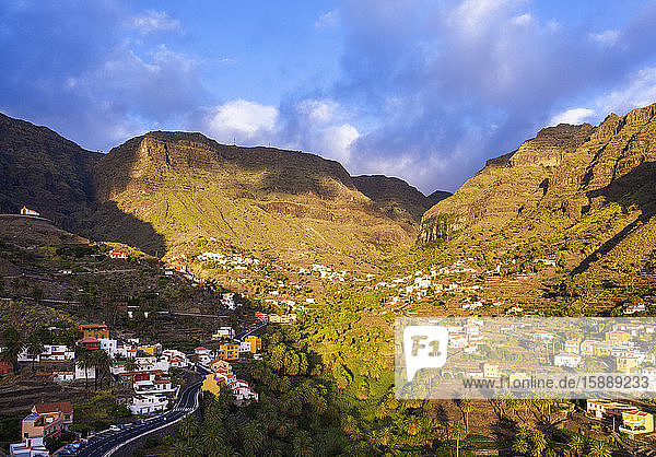 Spain  Santa Cruz de Tenerife  Valle Gran Rey  Aerial view of village in mountain valley at dusk