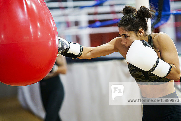 Boxerinnen trainieren am Boxsack im Fitnessstudio