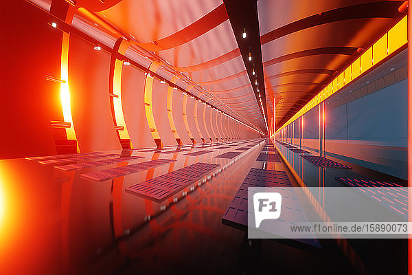 Dreidimensionale Darstellung eines rot gefärbten futuristischen Korridors